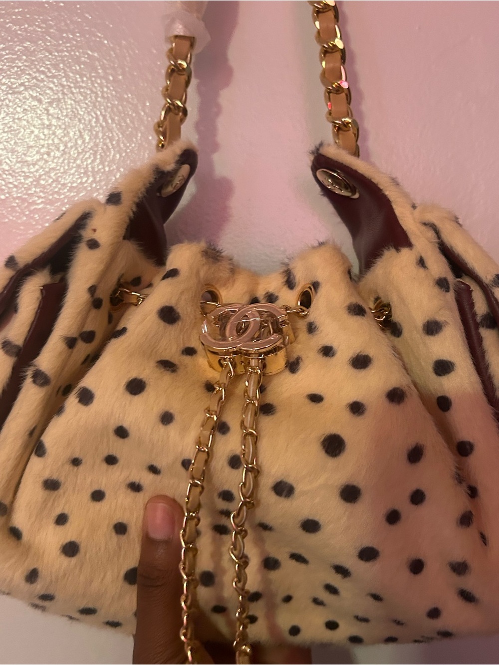 CHANEL Cream Faux Fur Drawstring Shoulder Bag with Black Spots and Gold Chain